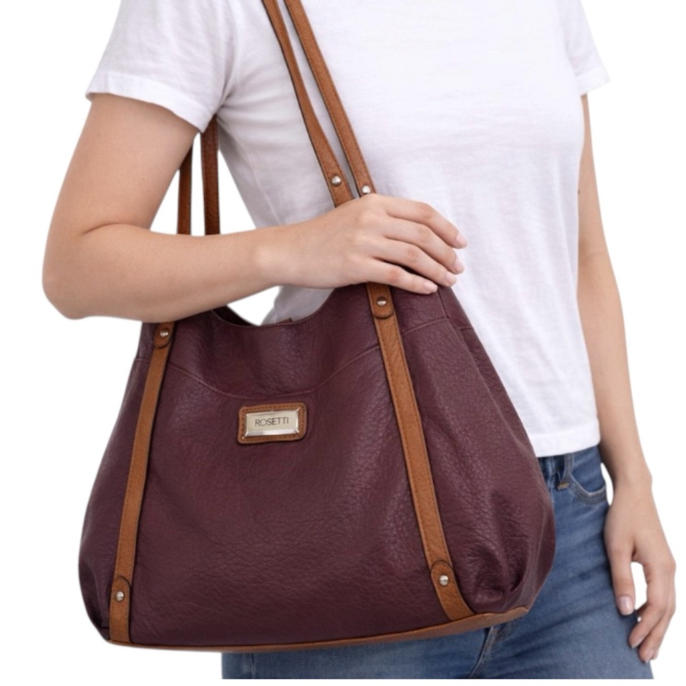 Rosetti Plum Women Shoulder Bag Tan Straps 5 Compartments and Inside pockets